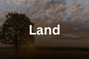 Sunset over a serene view of land for sale in houston with 'Land' text overlay.